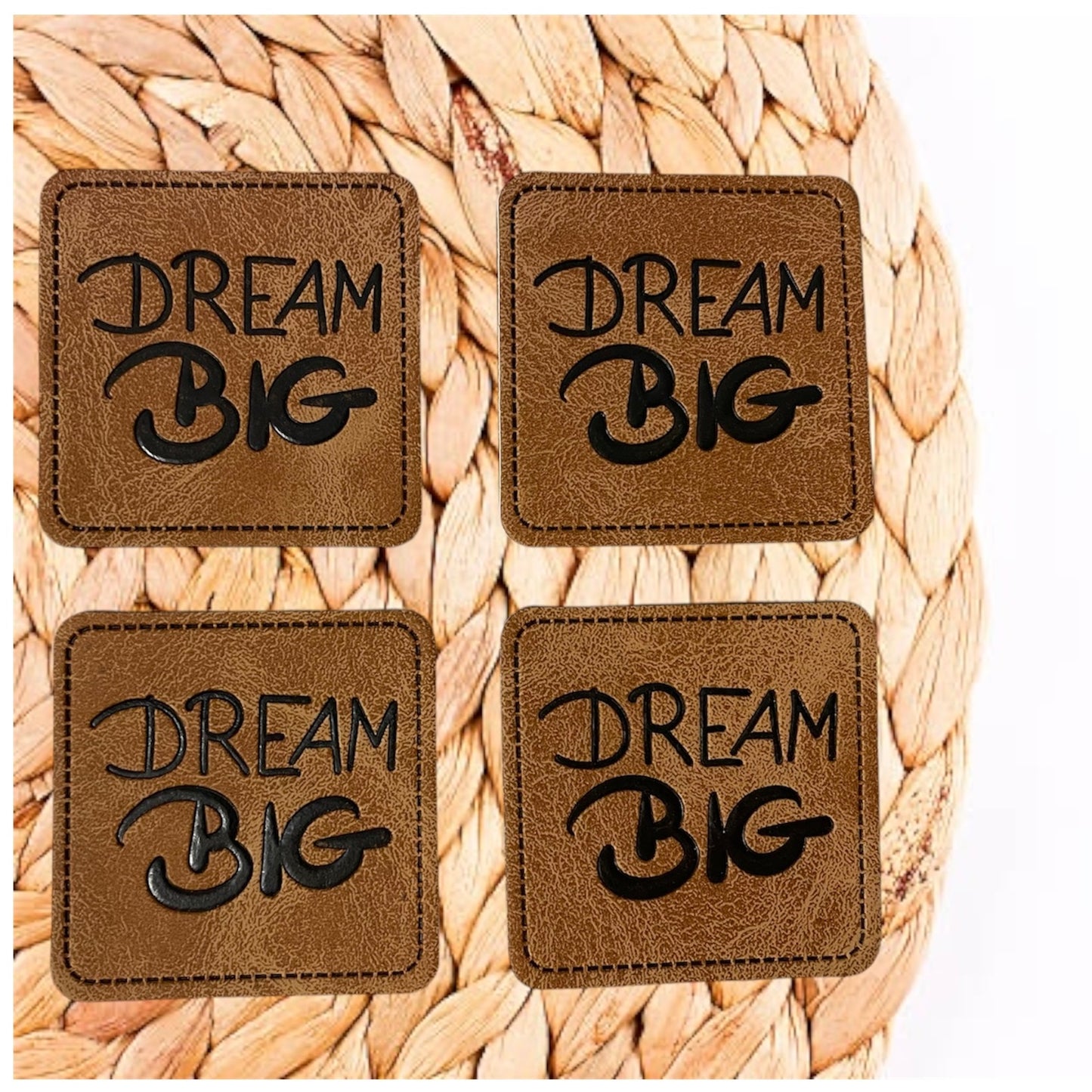 1 Kunstleder Label - Big Dream - Braun - zum aufnähen - 4cm Quadrat