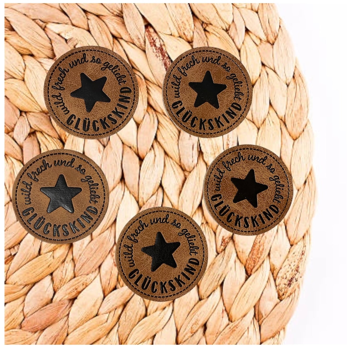 1 Kunstleder Label - Glückskind - Braun - zum aufnähen - 4cm Rund