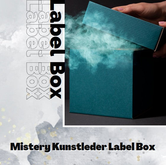 10 Kunstleder Label - Mistery Box - Braun - zum aufnähen oder aufbügeln - div. Größen