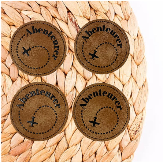 1 Kunstleder Label - Abenteurer - Braun - zum aufnähen - 4cm Rund