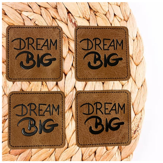1 Kunstleder Label - Big Dream - Braun - zum aufnähen - 4cm Quadrat