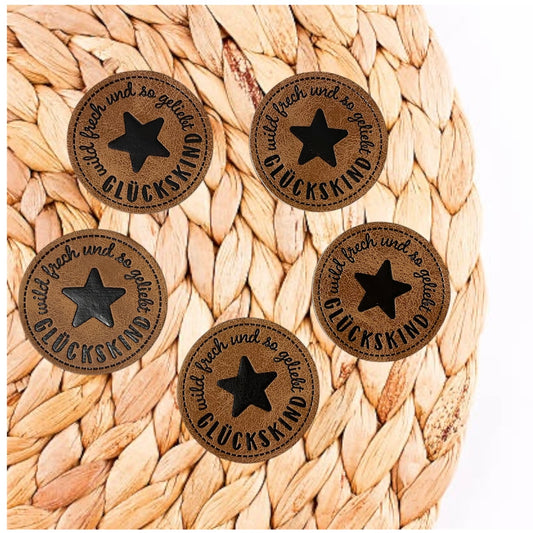 1 Kunstleder Label - Glückskind - Braun - zum aufnähen - 4cm Rund