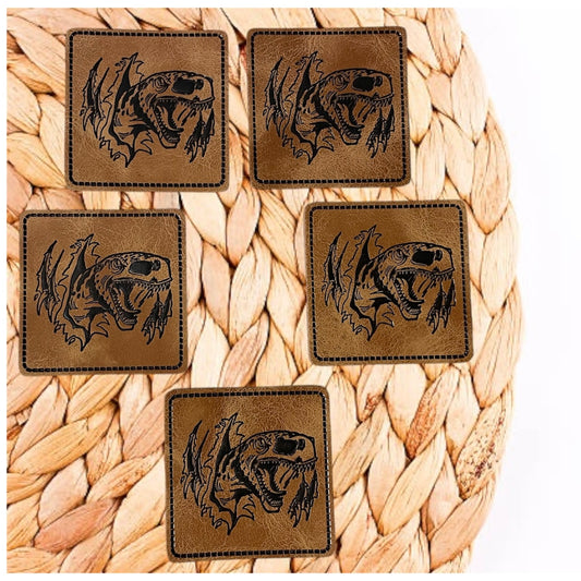 1 Kunstleder Label - Dino T-Rex - Braun - zum aufnähen - 4x4cm Quadrat